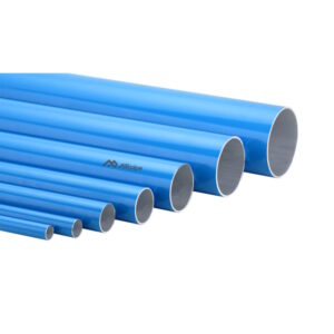 blue aluminum pipe in a row laying flat showing the various diameters of the pipe.