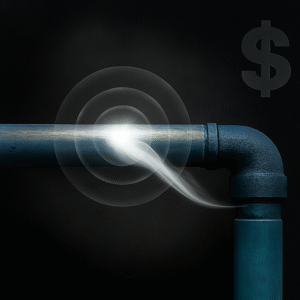 artistic image showing air leak with white whisps coming from a pipe elbow connection