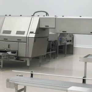 Stainless steel food processing machine in a clean industrial facility, featuring smooth surfaces, ventilation panels, and connected conveyor systems.